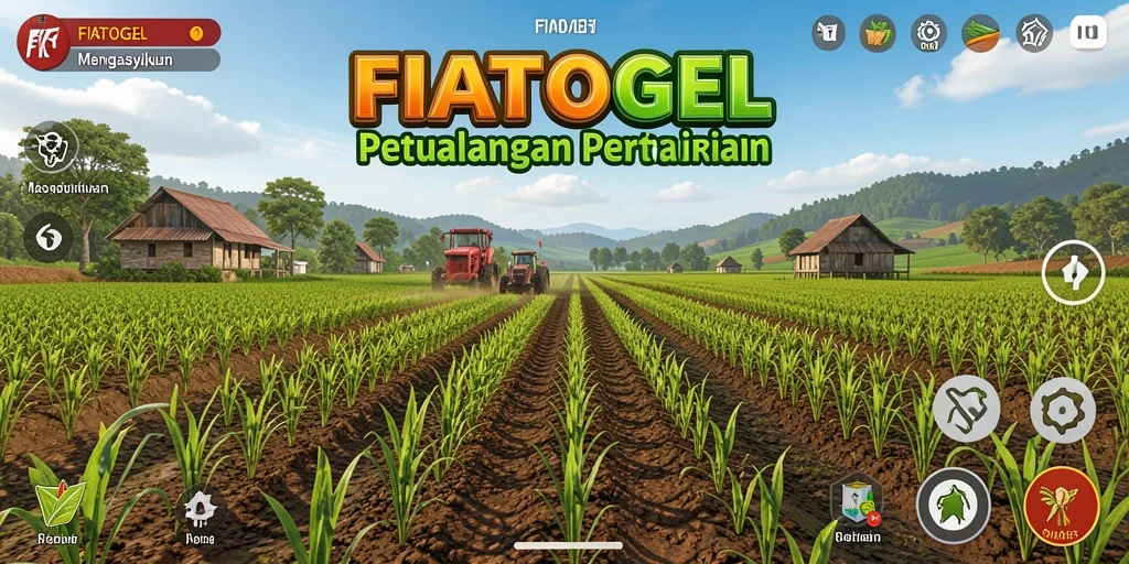Tangkapan layar gameplay FIATOGEL yang menunjukkan ladang subur dan aktivitas pertanian.