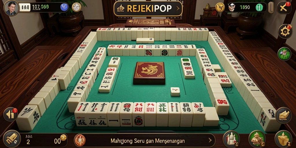 Tampilan gameplay seru di REJEKIPOP dengan ubin Mahjong yang berwarna-warni.