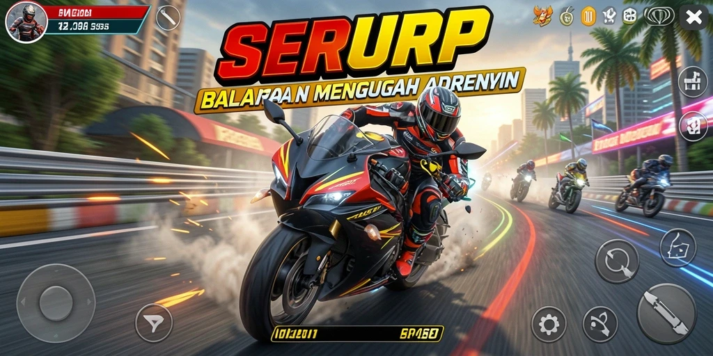 Tampilan gameplay SERURP yang menampilkan aksi balapan motor.
