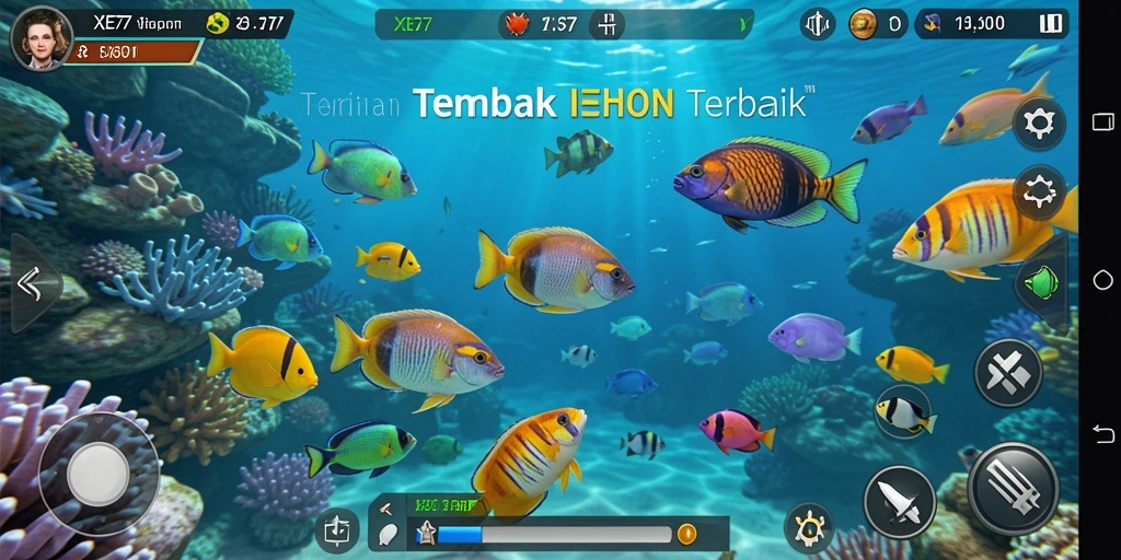 Tampilan gameplay XE77 dengan ikan berwarna-warni dan menembak yang seru.